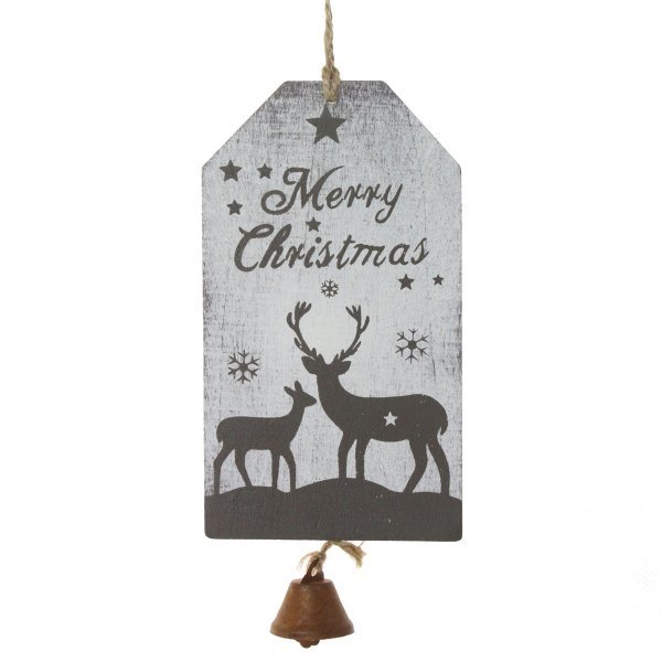 Χριστουγεννιάτικο Κρεμαστό Ξύλινο Ταμπελάκι, Λευκό με Ταρανδάκια (29cm)